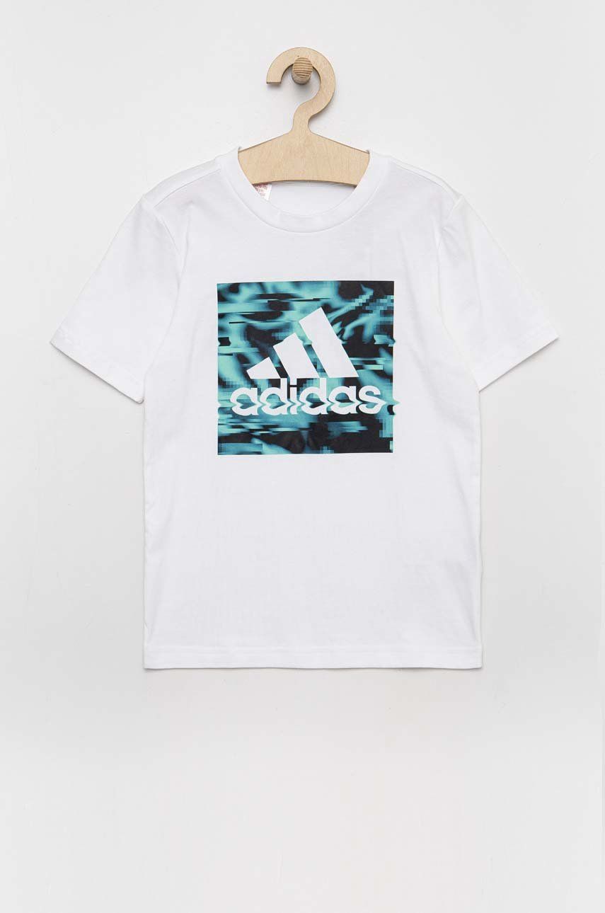 Adidas tricou de bumbac pentru copii culoarea alb, cu imprimeu