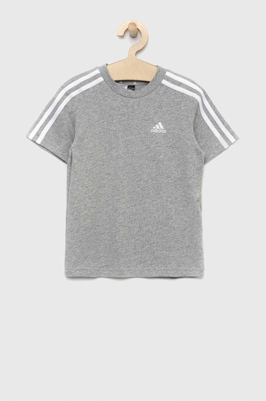 

Детска памучна тениска adidas LK 3S CO в сив меланж