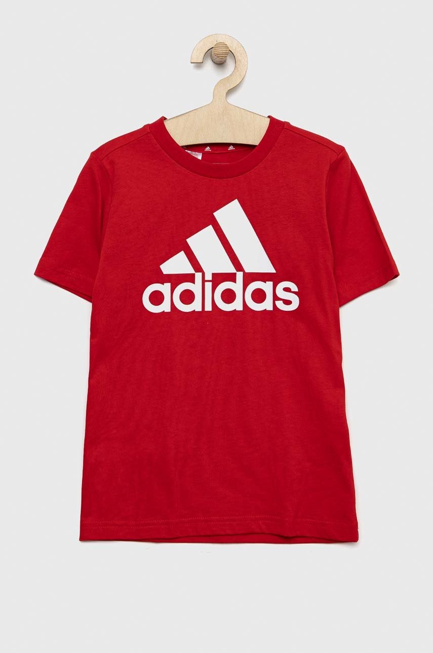 

Дитяча бавовняна футболка adidas U BL колір червоний з принтом