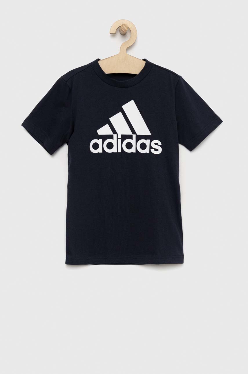 

Детская хлопковая футболка adidas U BL цвет синий с принтом