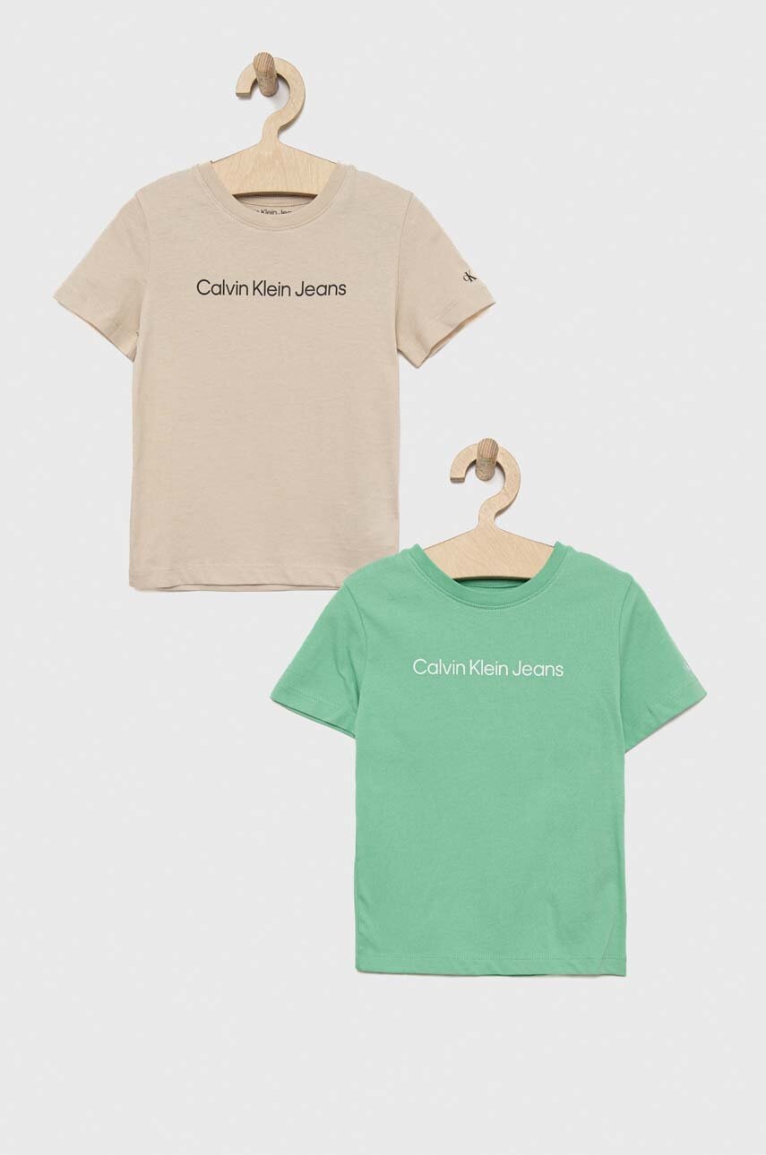 

Детска памучна тениска Calvin Klein Jeans (2 броя) в бежово с принт, Бежов