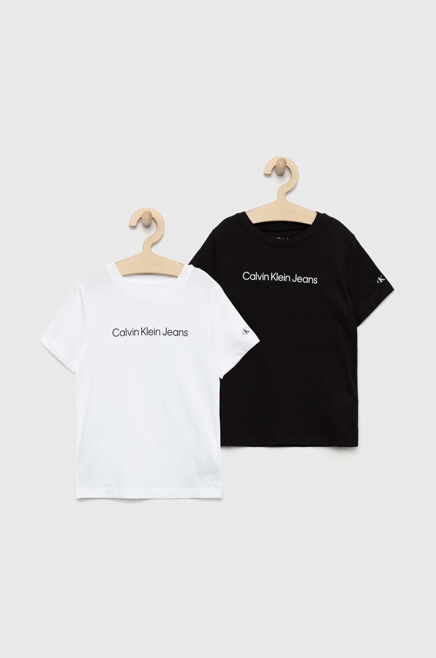 

Детска памучна тениска Calvin Klein Jeans (2 броя) в бяло с принт, Бял