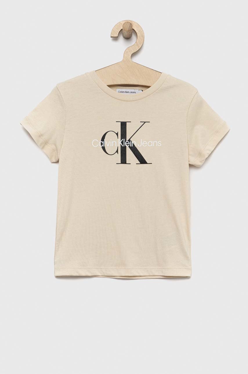 

Детска памучна тениска Calvin Klein Jeans в бежово с принт, Бежов