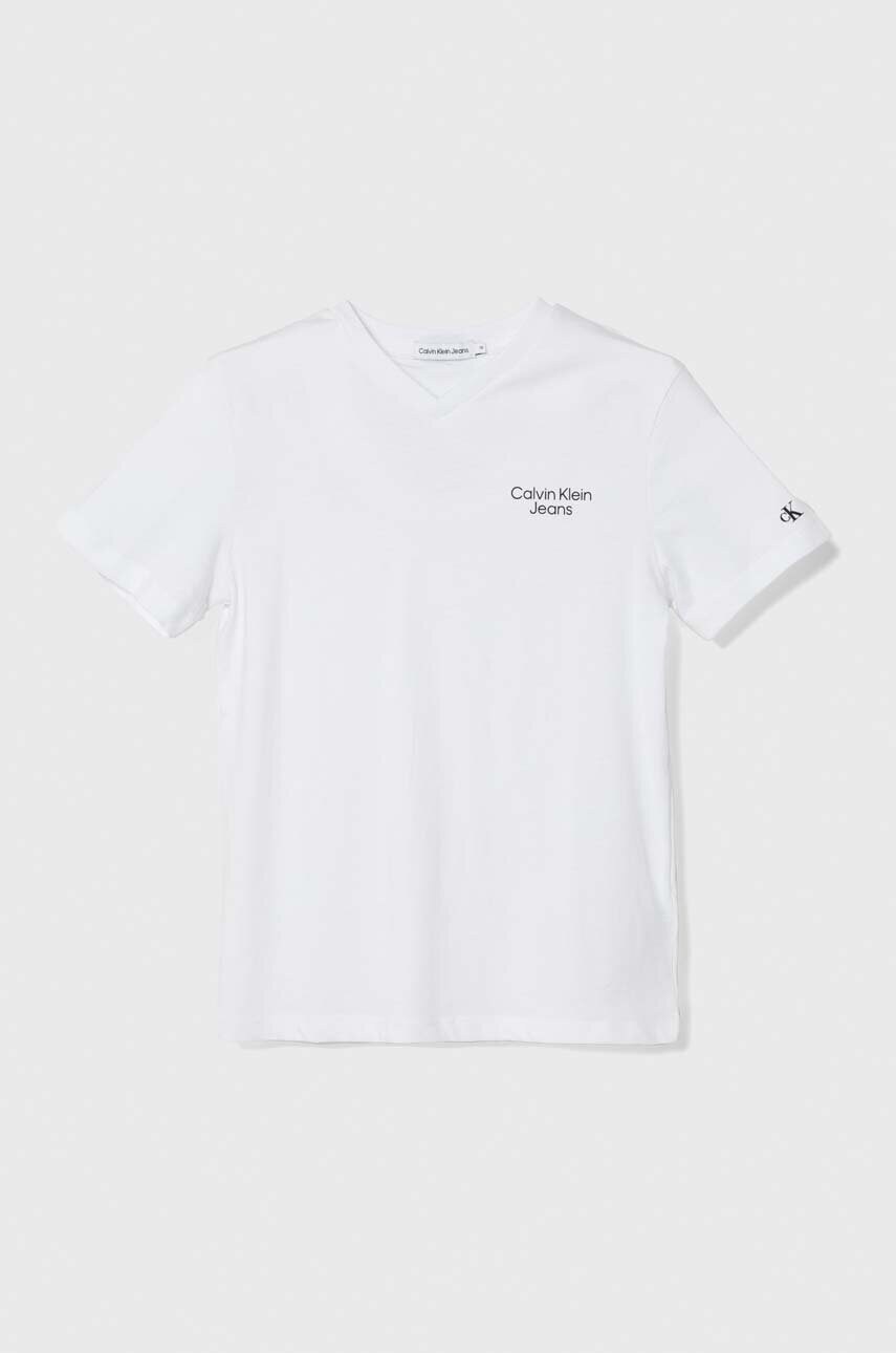 

Детска памучна тениска Calvin Klein Jeans в бяло с принт, Бял