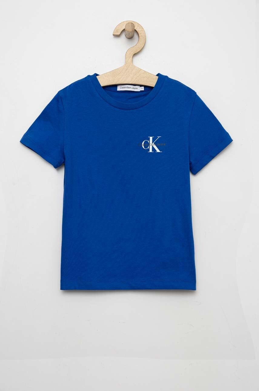 

Детска памучна тениска Calvin Klein Jeans в синьо с изчистен дизайн, Син