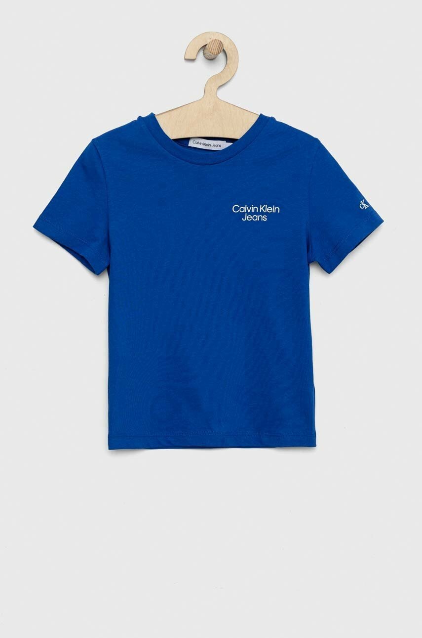 

Детска памучна тениска Calvin Klein Jeans в тъмносиньо с принт, Син
