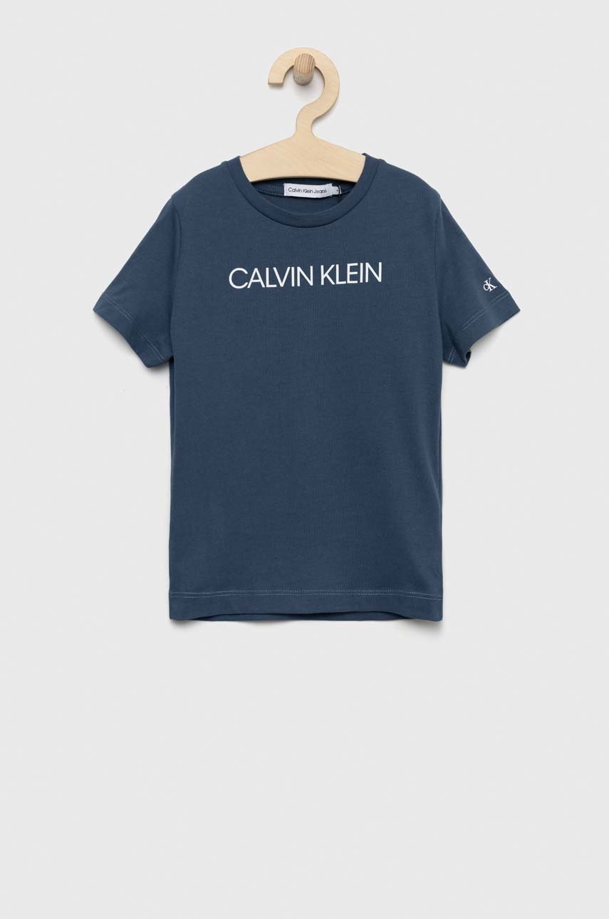 

Детска памучна тениска Calvin Klein Jeans с принт, Син