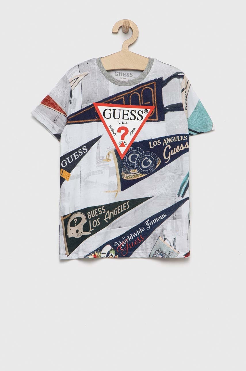 

Детская хлопковая футболка Guess цвет серый узорный