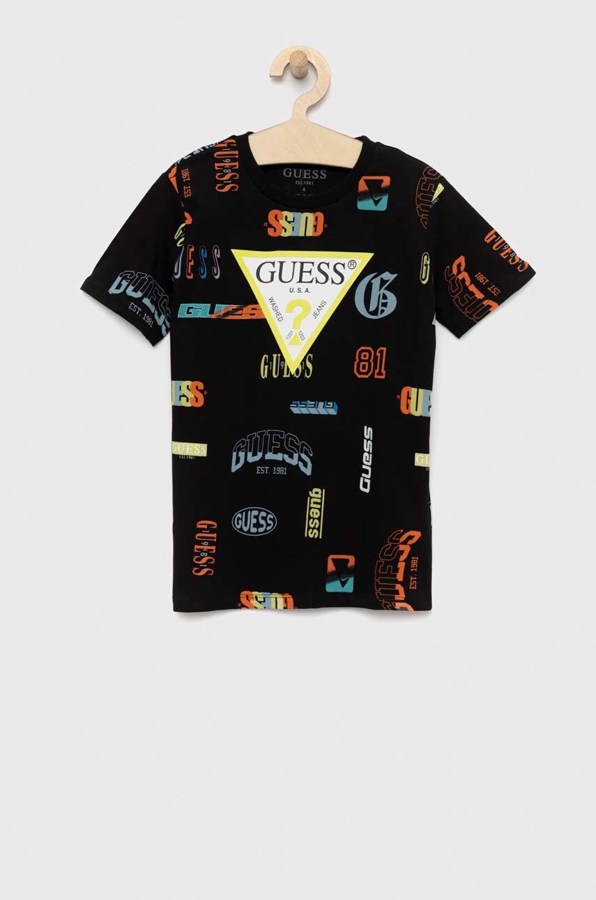

Детска памучна тениска Guess в черно с десен, Черен