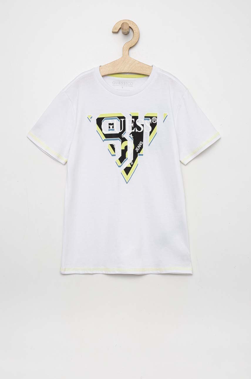

Детска памучна тениска Guess в бяло с принт, Бял