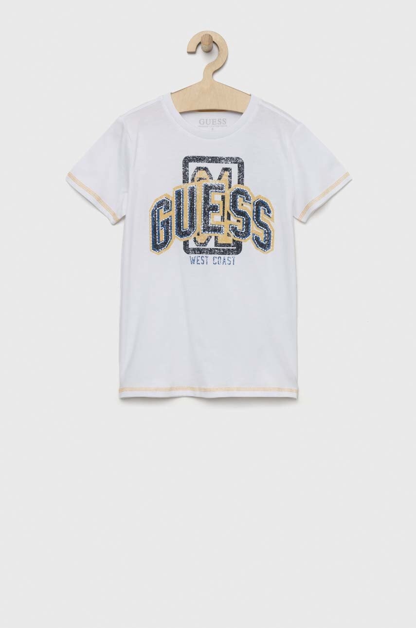 

Дитяча бавовняна футболка Guess колір білий з принтом