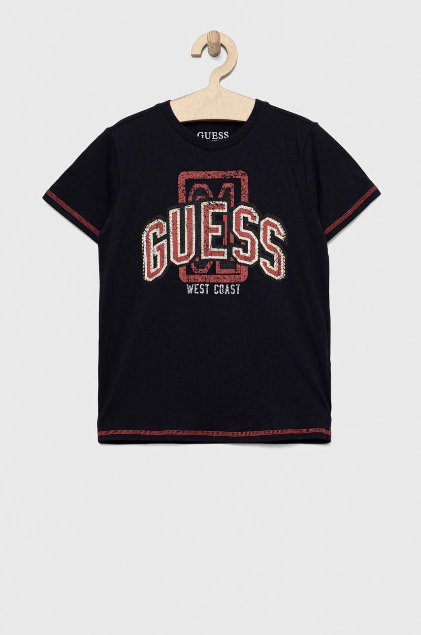 

Детская хлопковая футболка Guess цвет синий с принтом