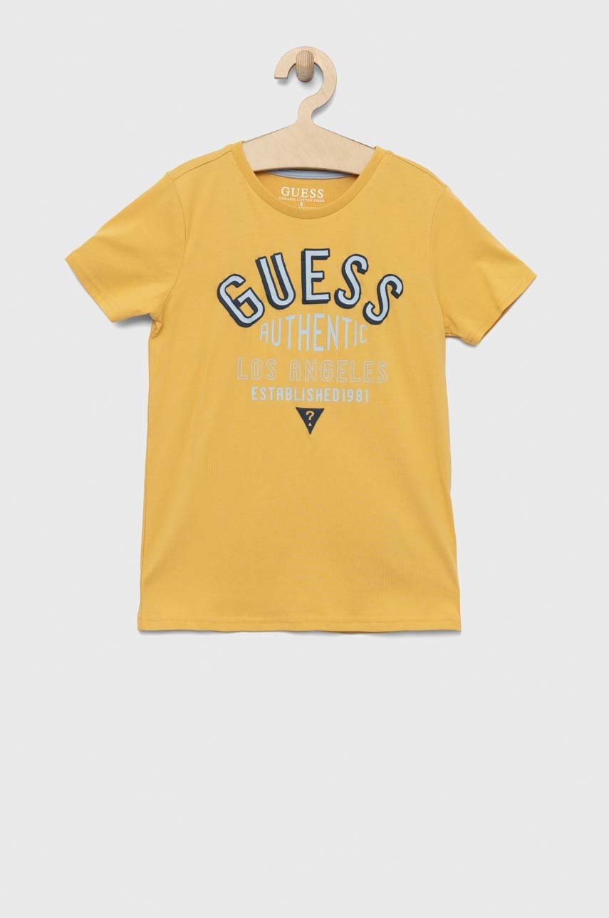 Дитяча бавовняна футболка Guess колір жовтий з принтом Дитяча бавовняна футболка Guess колір жовтий з принтом