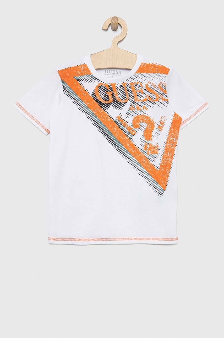 

Дитяча бавовняна футболка Guess колір білий з принтом