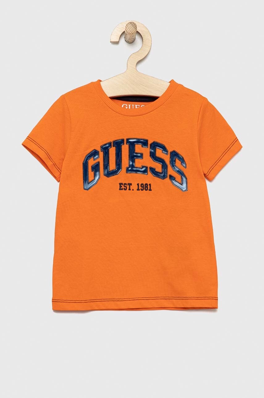 

Дитяча бавовняна футболка Guess колір помаранчевий візерунок