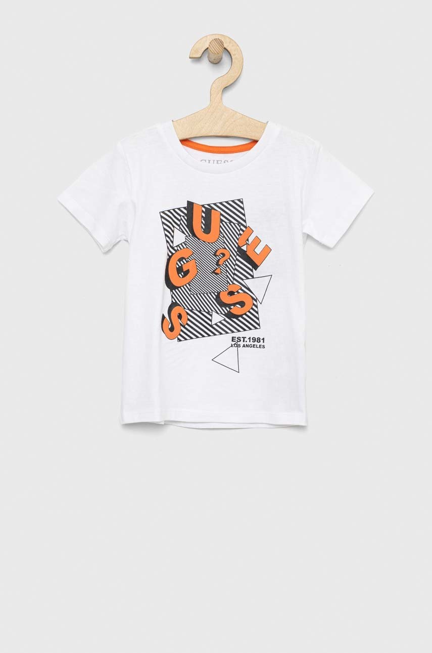 

Дитяча бавовняна футболка Guess колір білий візерунок