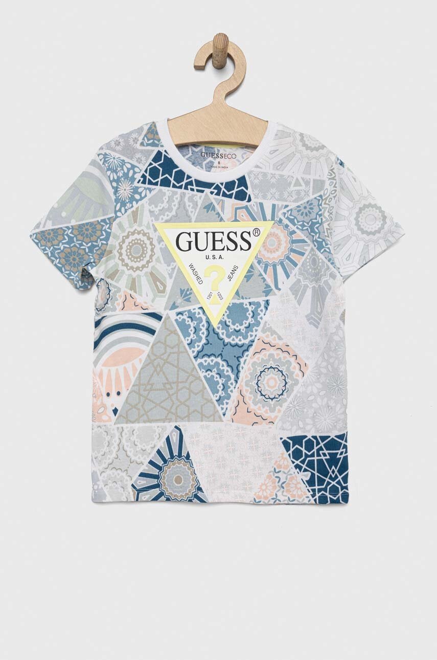 

Детска памучна тениска Guess в синьо с десен, Син