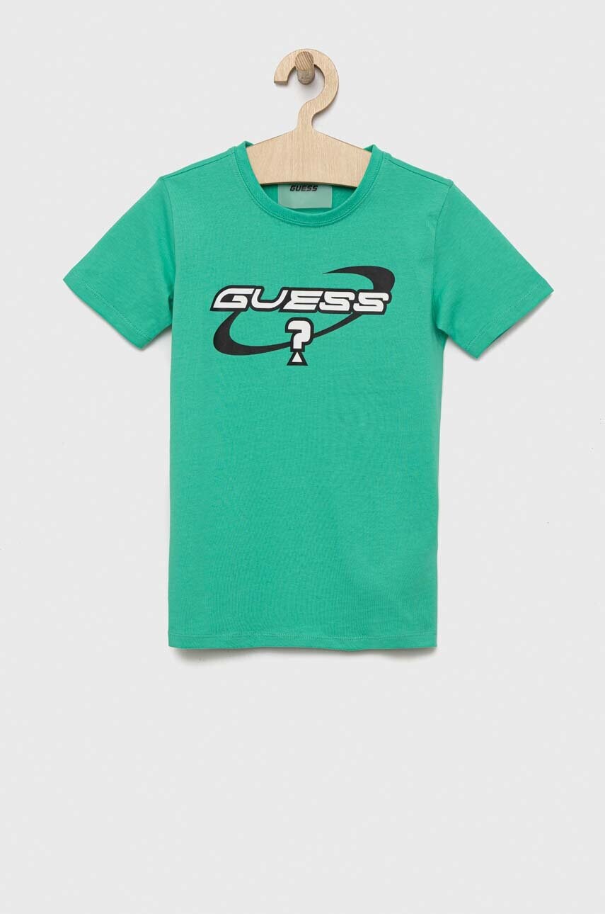 

Дитяча бавовняна футболка Guess колір зелений з принтом