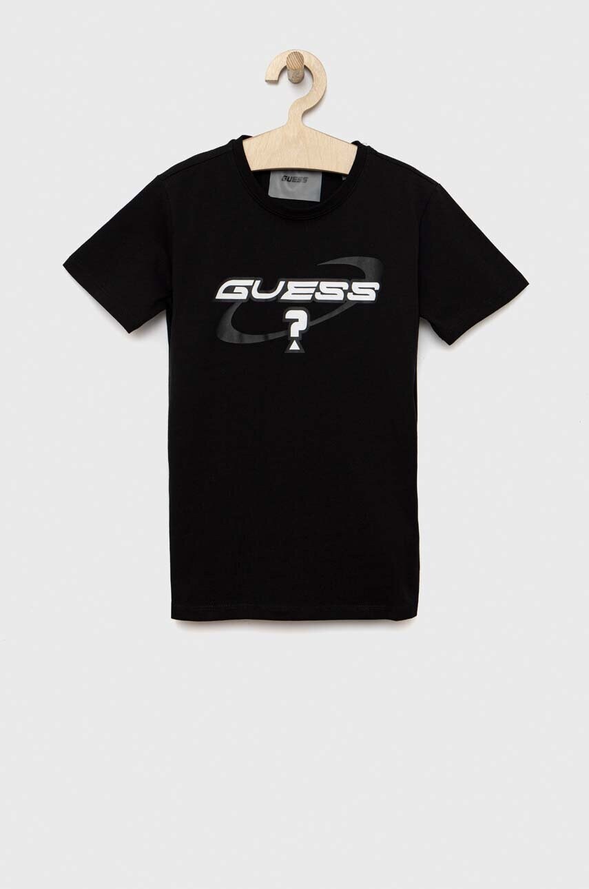 

Дитяча бавовняна футболка Guess колір чорний з принтом