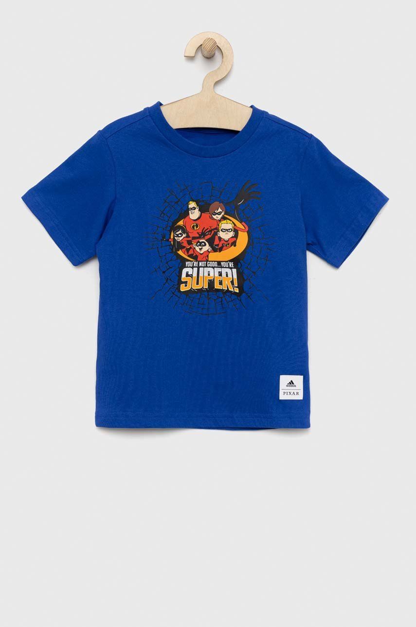 Dětské bavlněné tričko adidas Originals x Pixar s potiskem - modrá -  100 % Bavlna