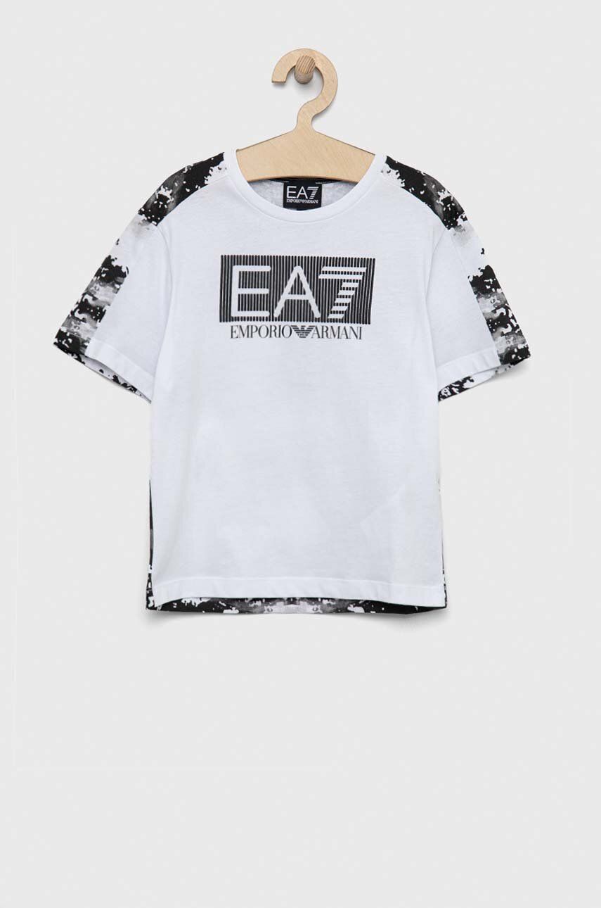 Levně Dětské bavlněné tričko EA7 Emporio Armani bílá barva