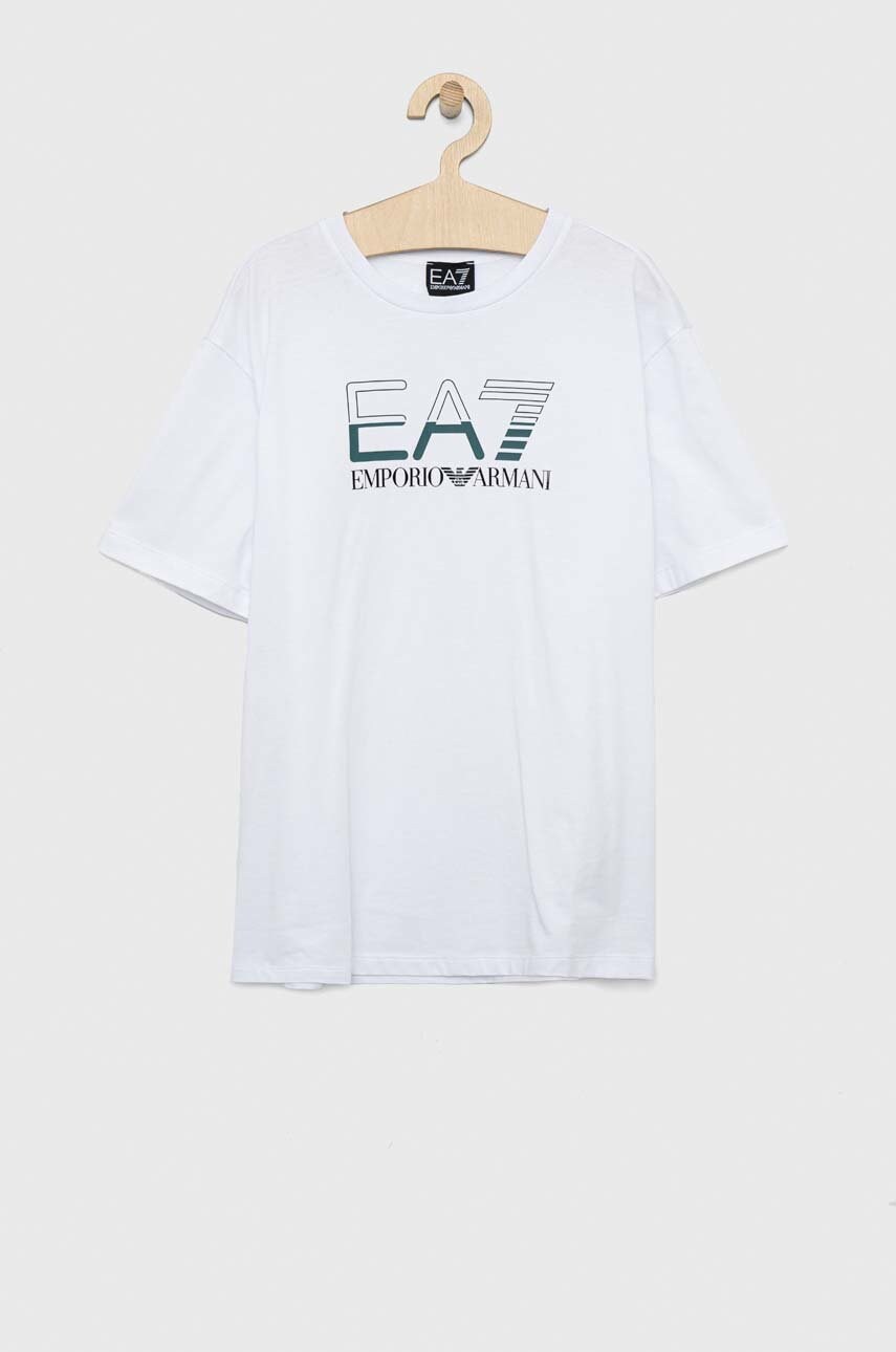 

Дитяча бавовняна футболка EA7 Emporio Armani колір білий з принтом
