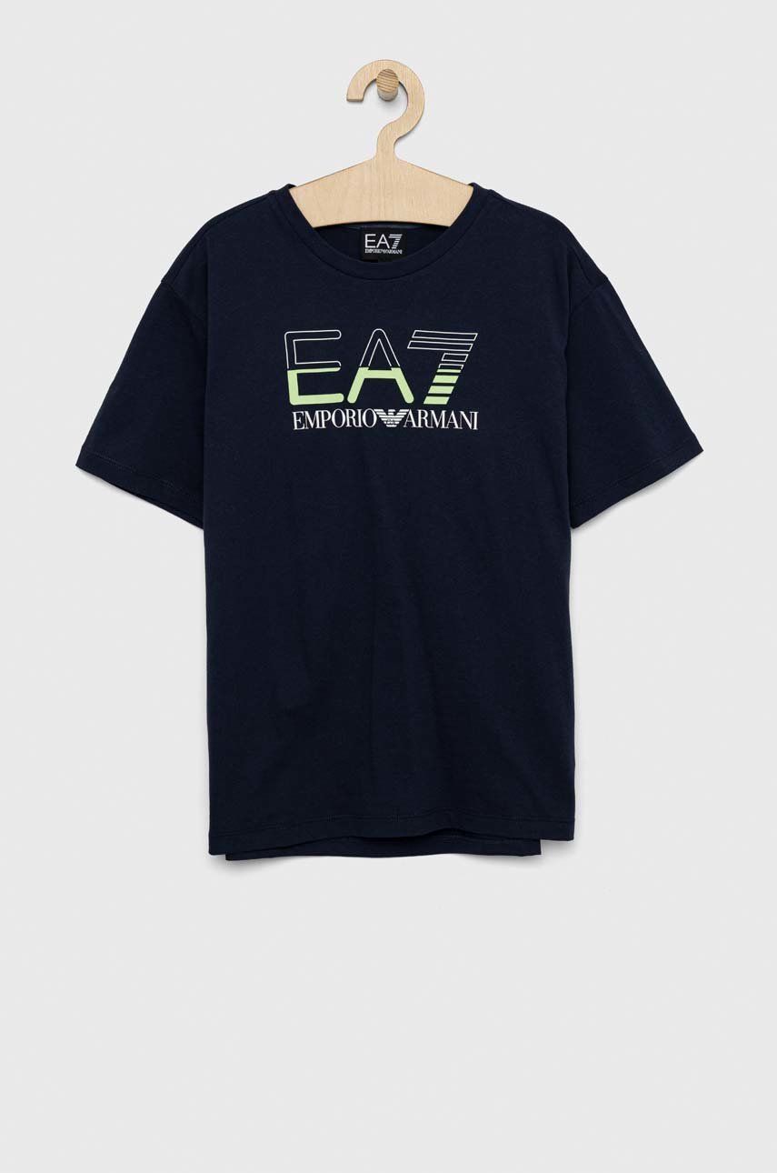 Dětské bavlněné tričko EA7 Emporio Armani tmavomodrá barva, s potiskem - námořnická modř -  100