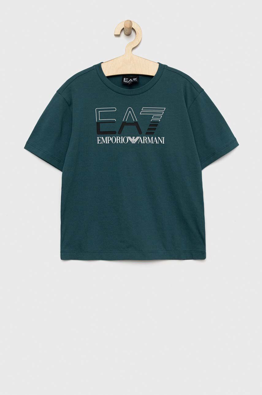 Dětské bavlněné tričko EA7 Emporio Armani zelená barva, s potiskem - zelená -  100 % Bavlna