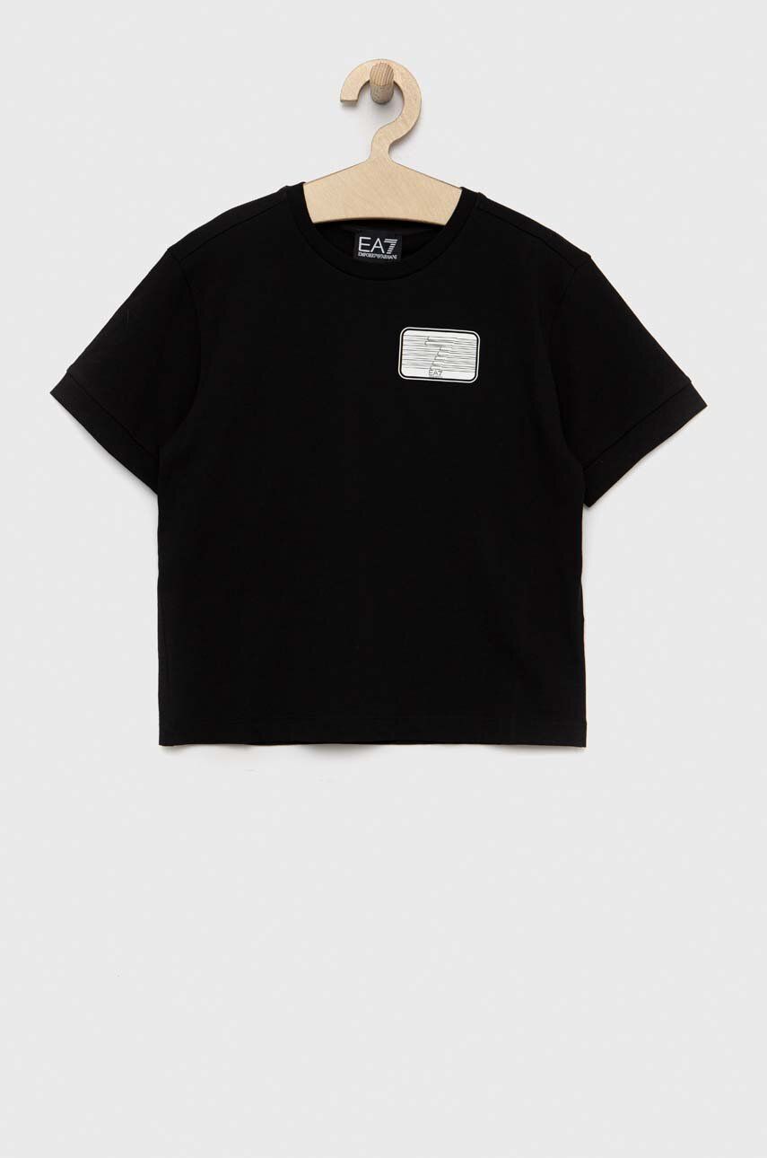 Levně Dětské bavlněné tričko EA7 Emporio Armani černá barva, s potiskem