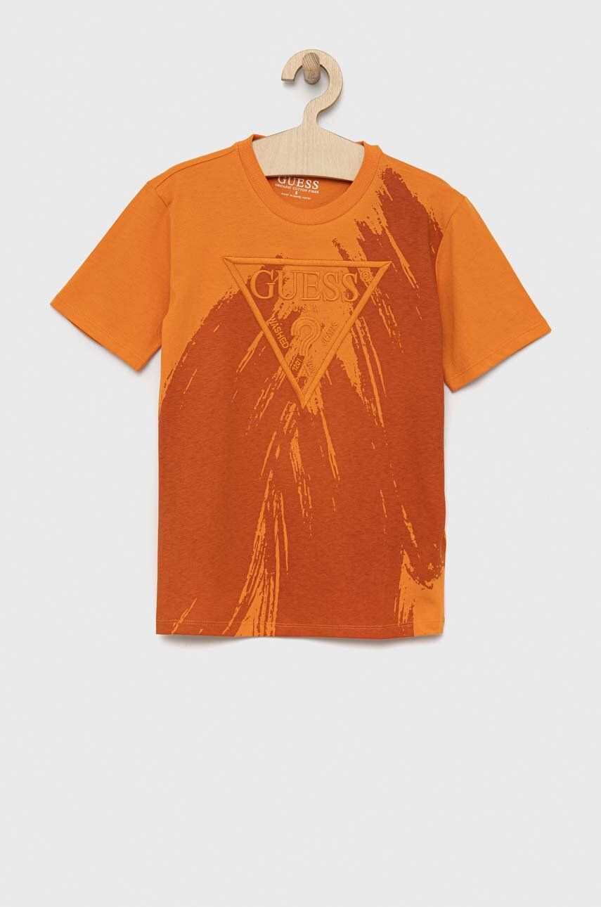 Dětské bavlněné tričko Guess oranžová barva, s aplikací - oranžová -  100 % Bavlna