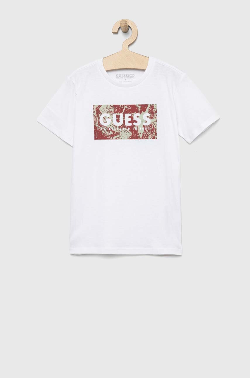 

Дитяча бавовняна футболка Guess колір білий з принтом