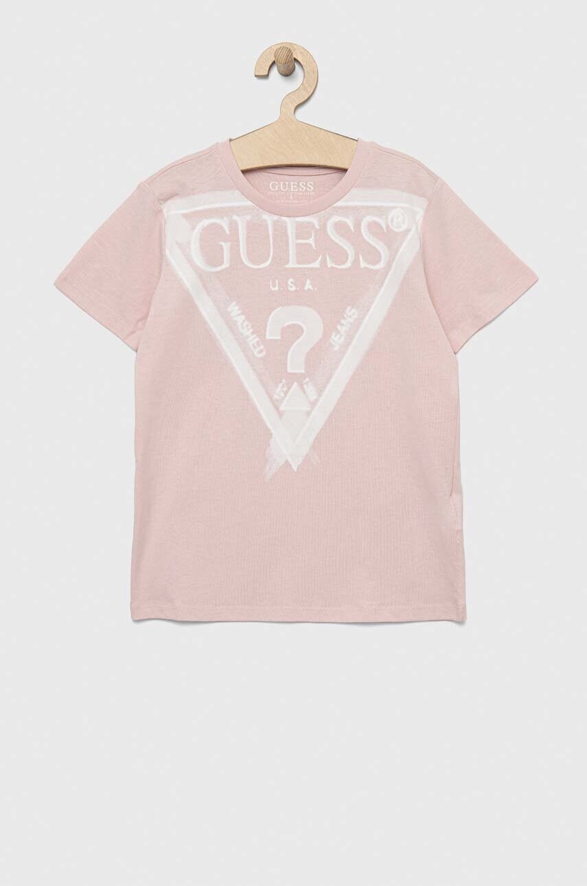 

Детская хлопковая футболка Guess цвет розовый с принтом