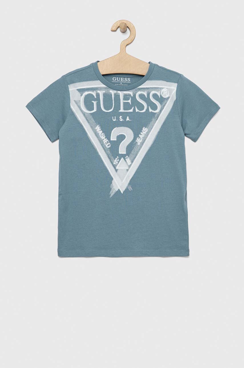 

Детска памучна тениска Guess в синьо с принт, Син