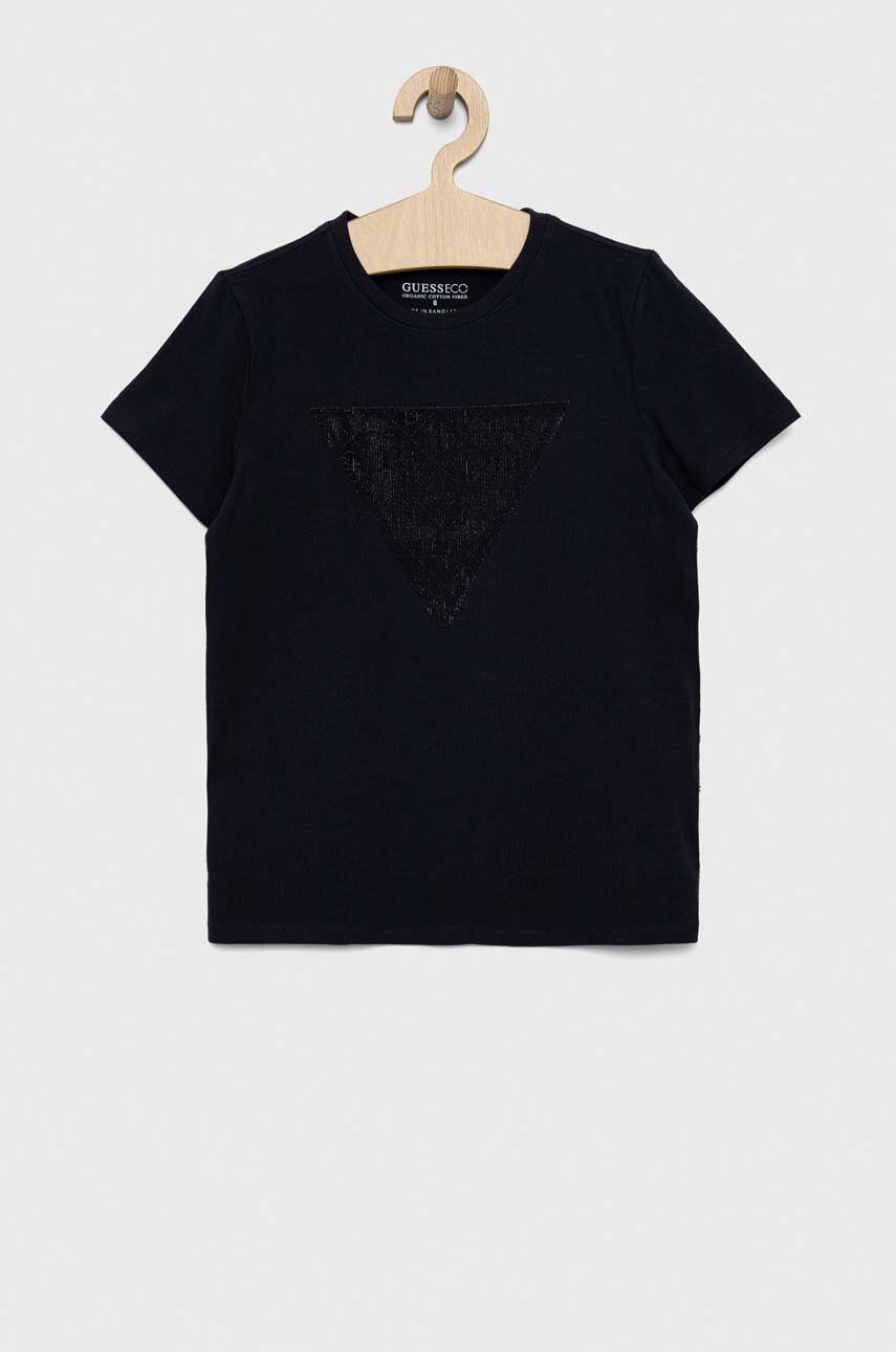Dětské tričko Guess tmavomodrá barva, s potiskem - námořnická modř -  95 % Bavlna