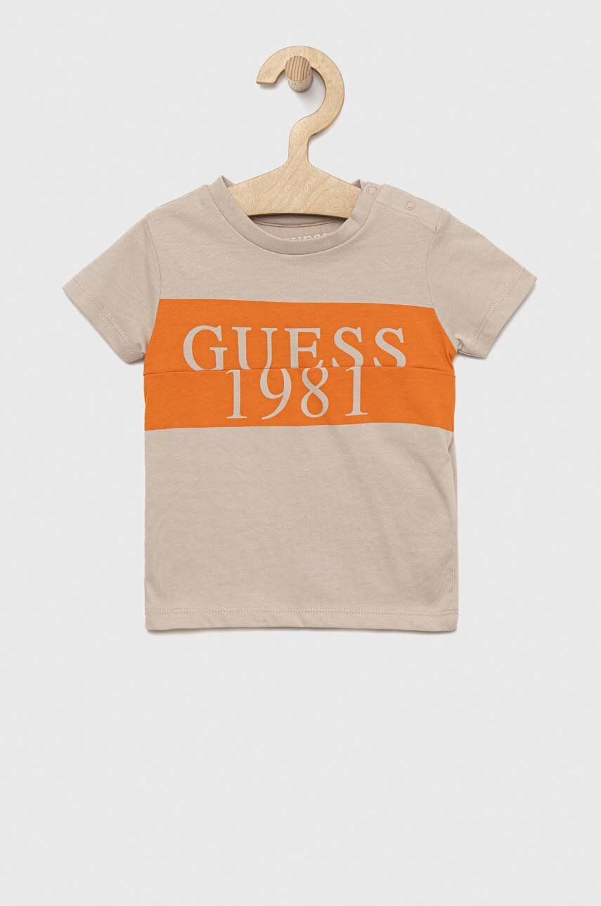 Dětské bavlněné tričko Guess béžová barva, s potiskem - béžová -  100 % Bavlna