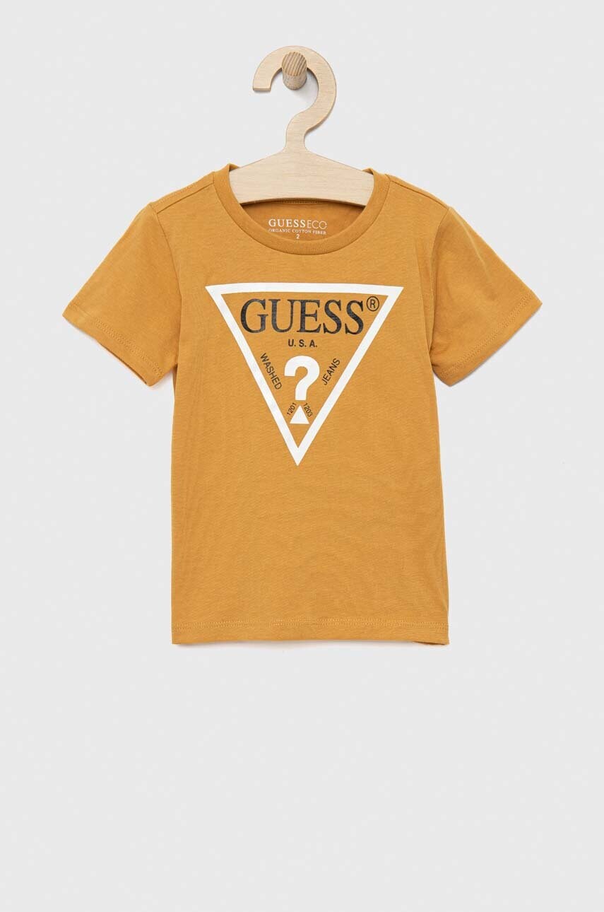 

Дитяча бавовняна футболка Guess колір жовтий з принтом