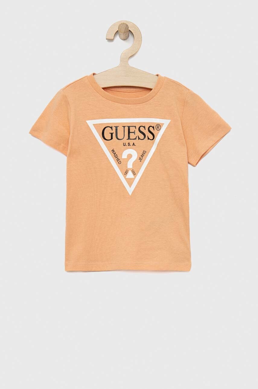 

Дитяча бавовняна футболка Guess колір помаранчевий з принтом