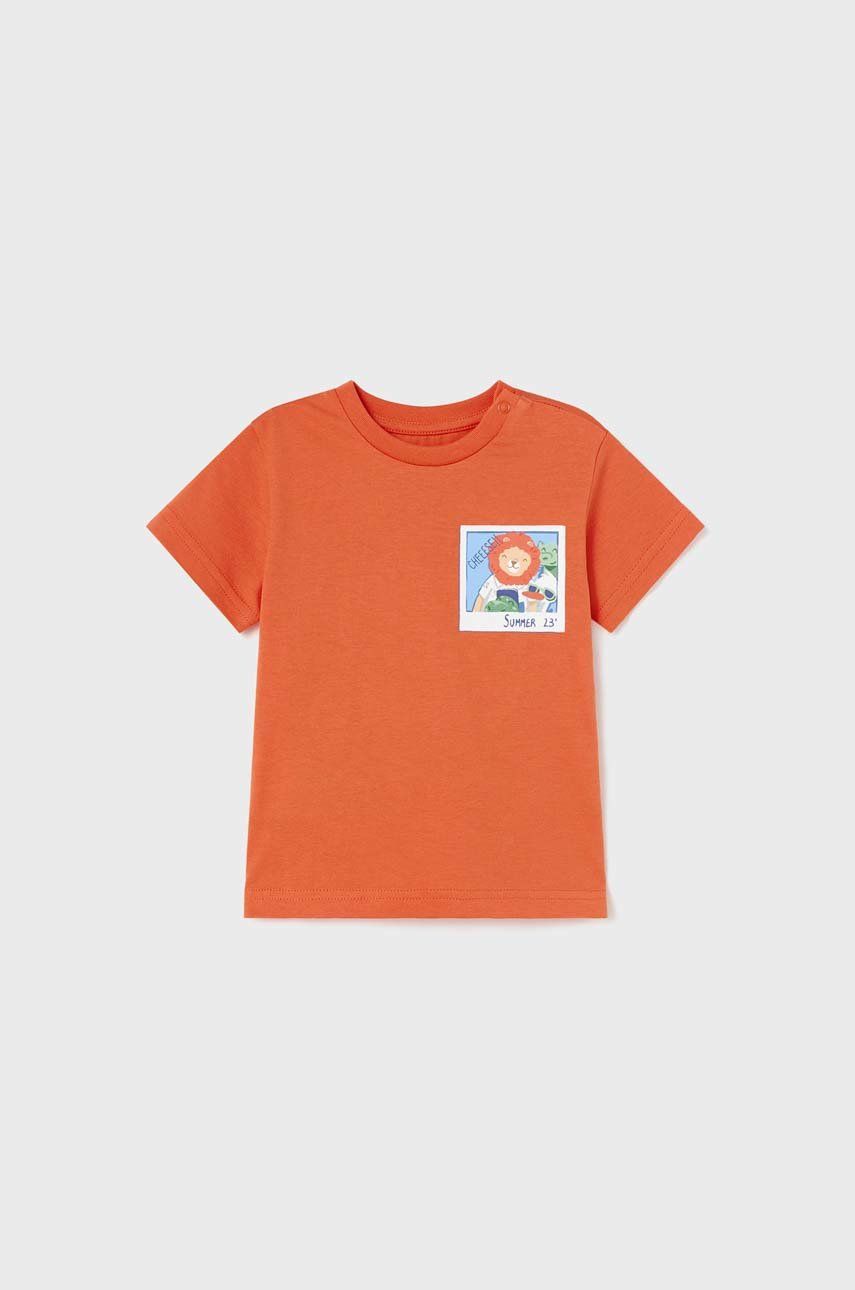Bavlněné dětské tričko Mayoral oranžová barva, s potiskem - oranžová -  100 % Bavlna