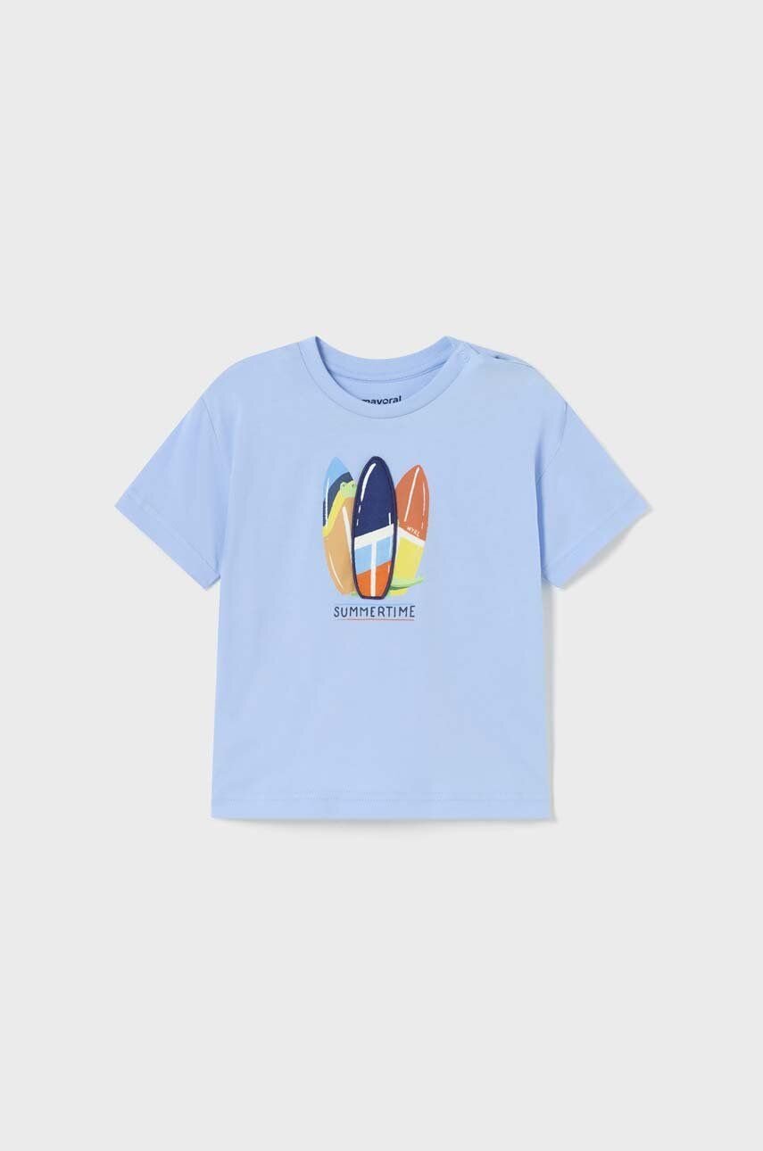 Bavlněné dětské tričko Mayoral s potiskem - modrá -  100 % Bavlna