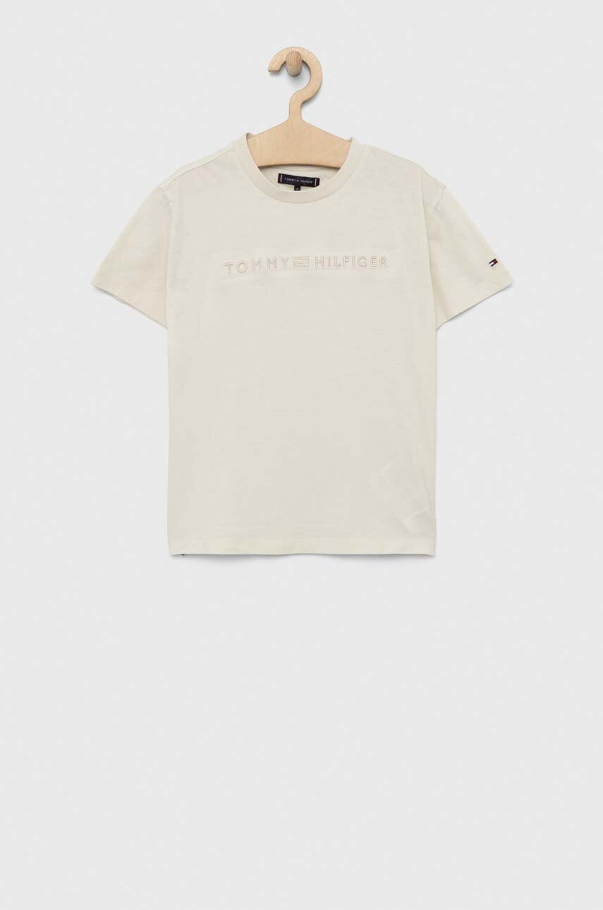 

Детская хлопковая футболка Tommy Hilfiger цвет бежевый с аппликацией