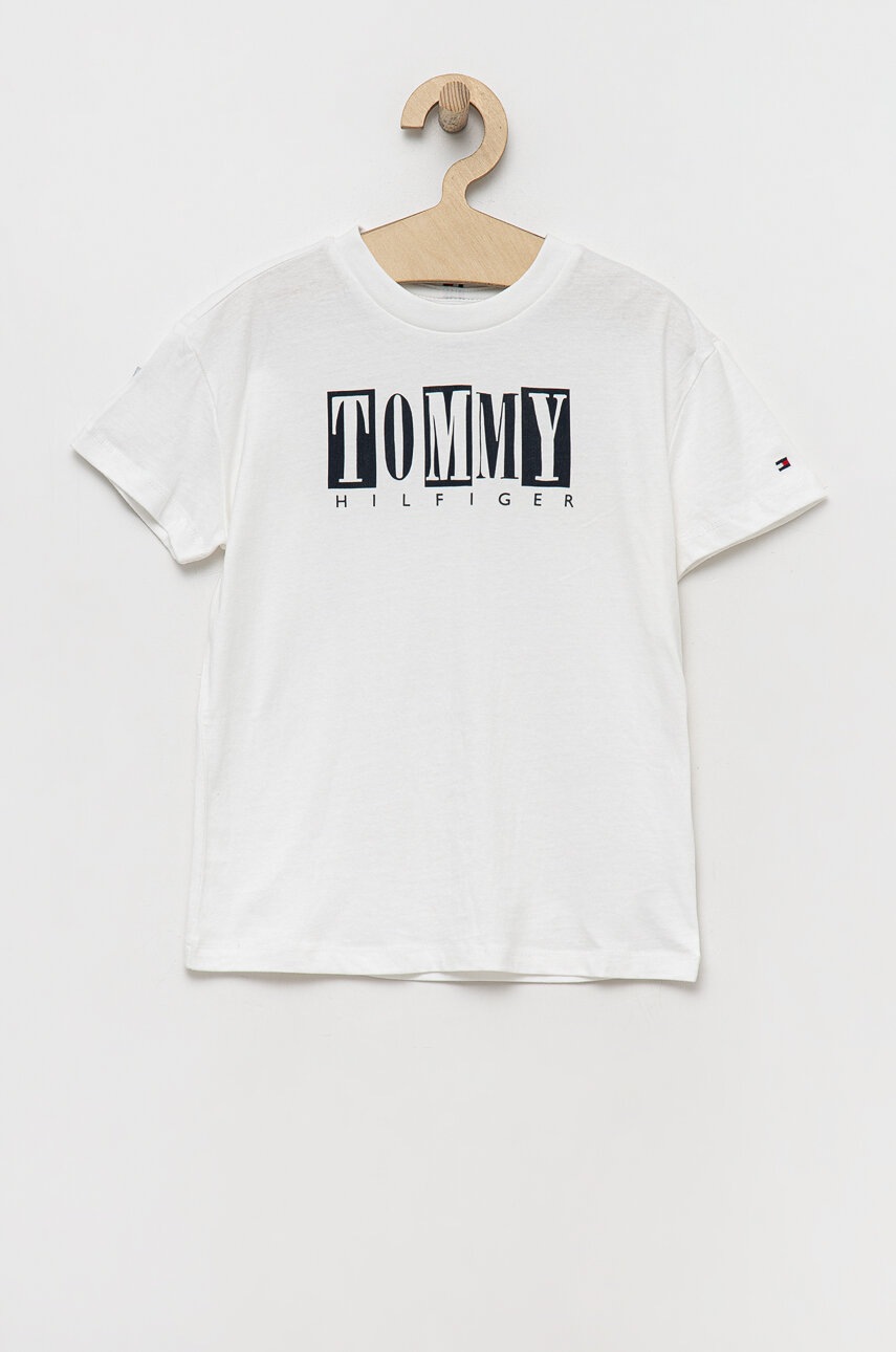 

Детская хлопковая футболка Tommy Hilfiger цвет белый с принтом