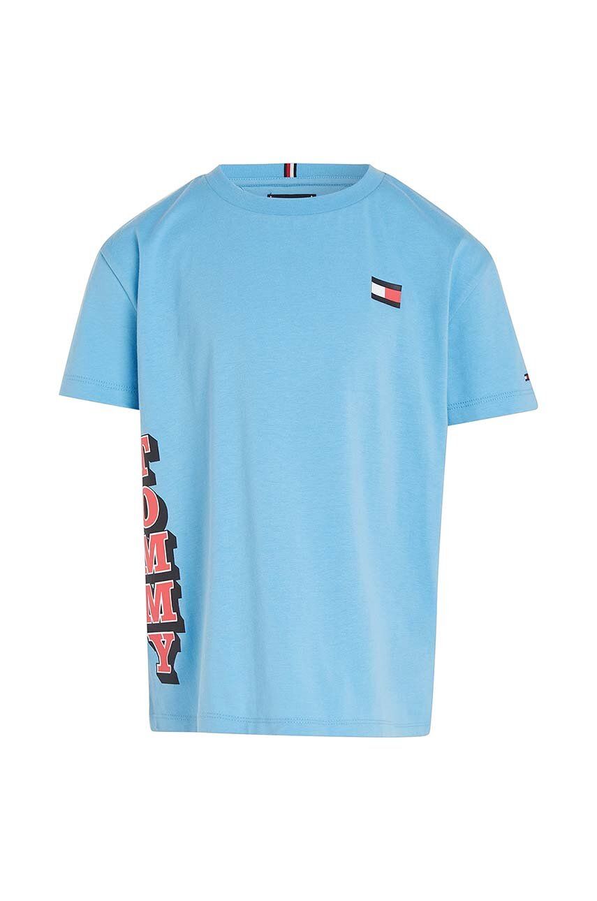 Dětské bavlněné tričko Tommy Hilfiger s potiskem - modrá -  100 % Bavlna