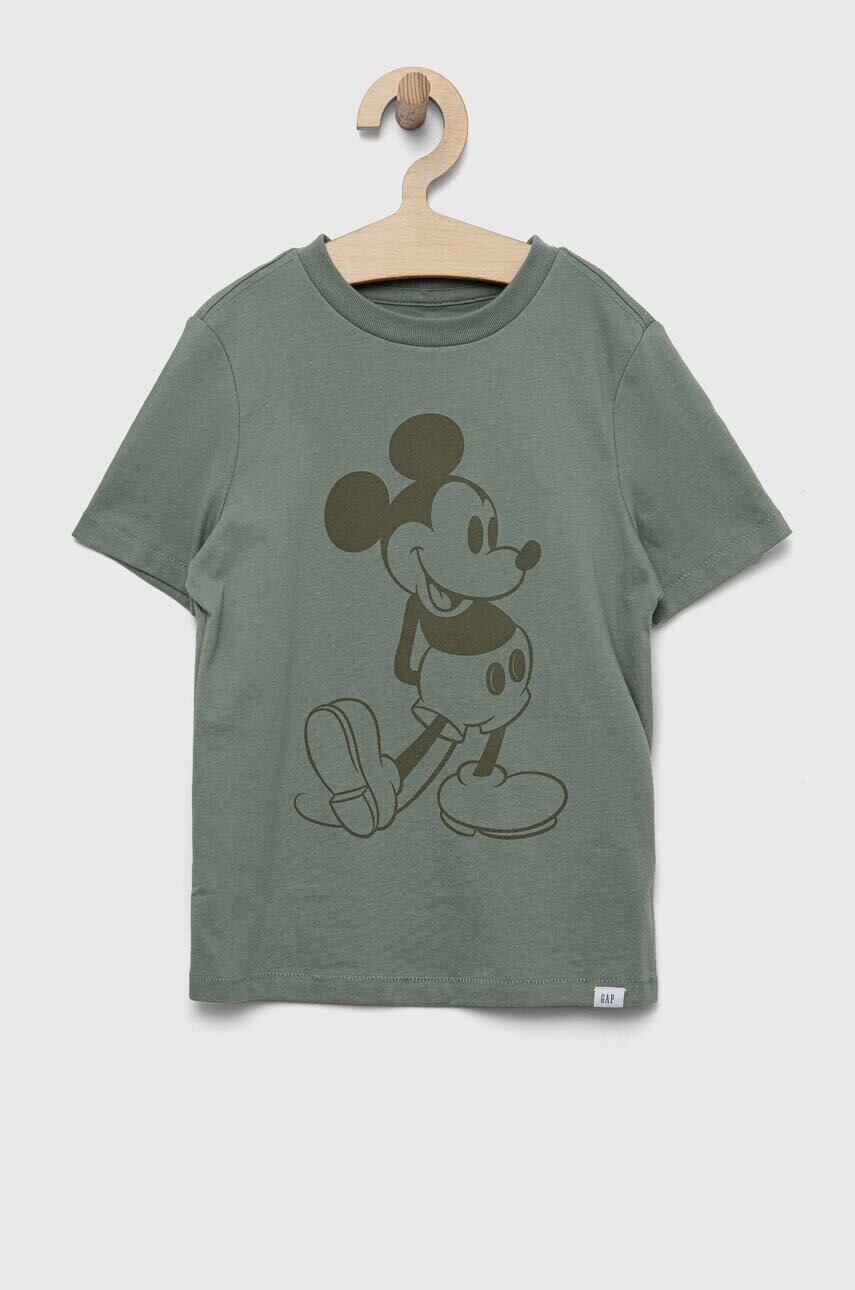 

Детска памучна тениска GAP x Disney в зелено с принт, Зелен