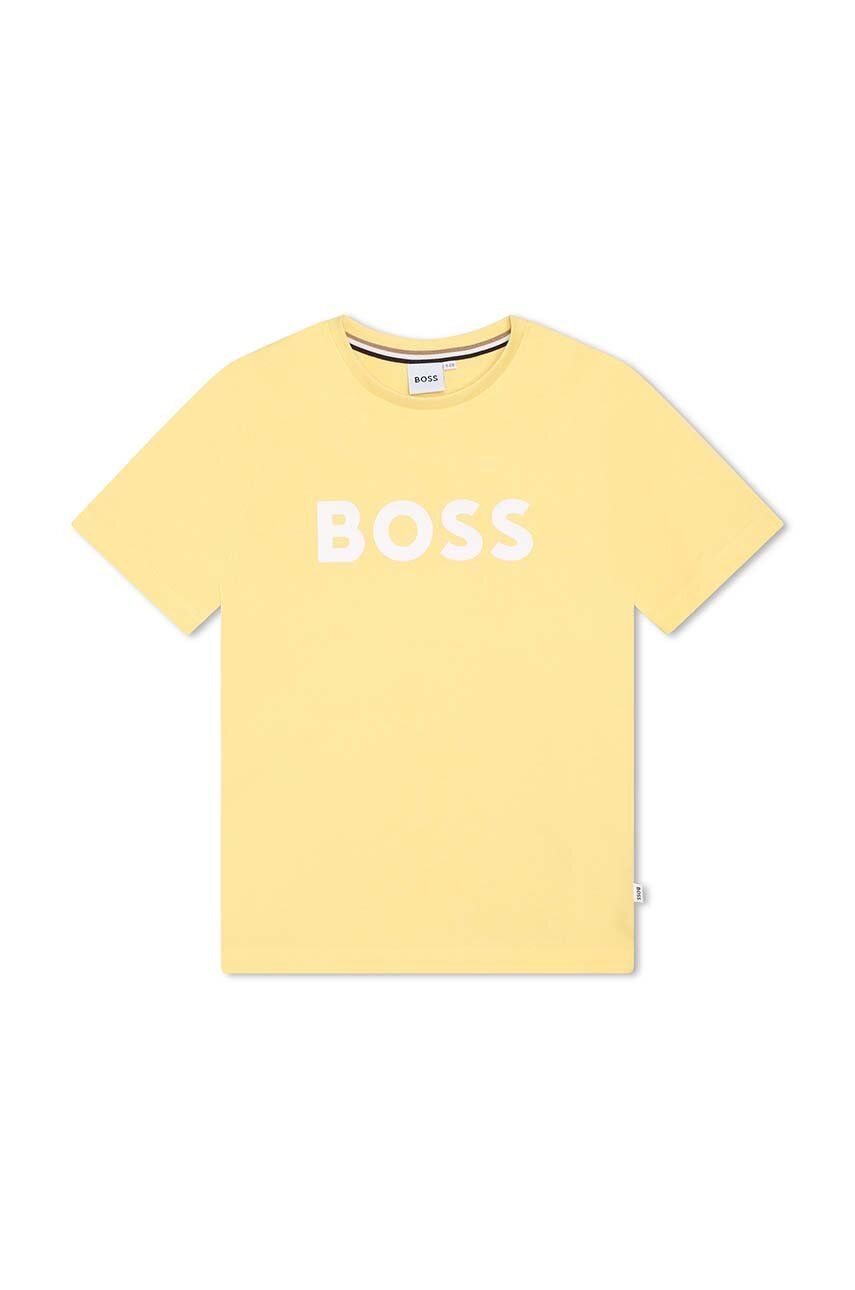 Dětské bavlněné tričko BOSS žlutá barva, s potiskem - žlutá -  100 % Bavlna