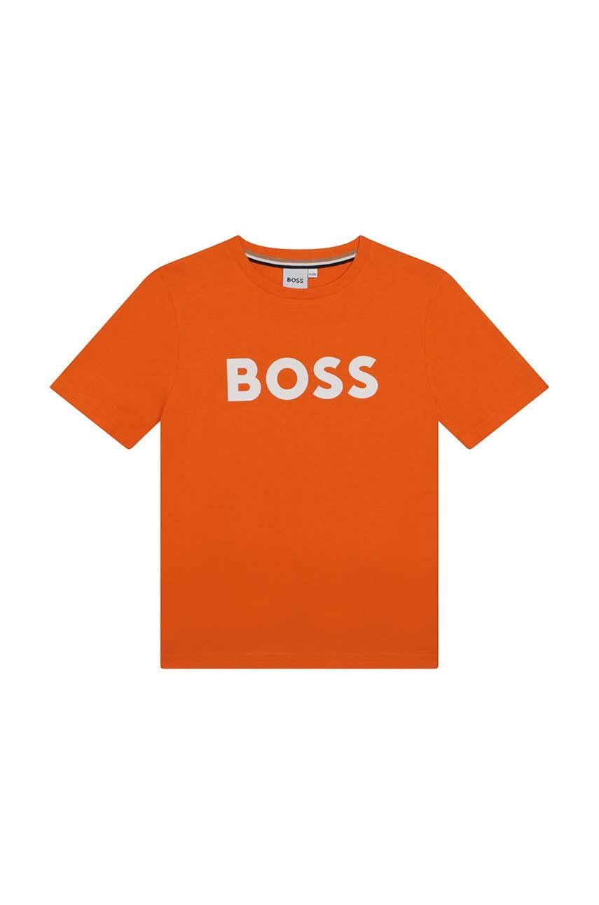 Levně Dětské bavlněné tričko BOSS oranžová barva, s potiskem