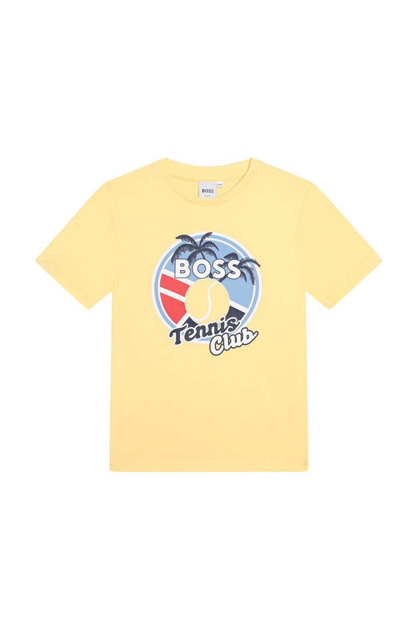 Levně Dětské bavlněné tričko BOSS žlutá barva, s potiskem