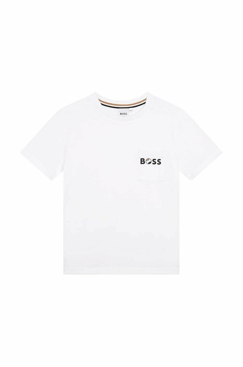 

Детска памучна тениска BOSS в бяло с десен, Бял