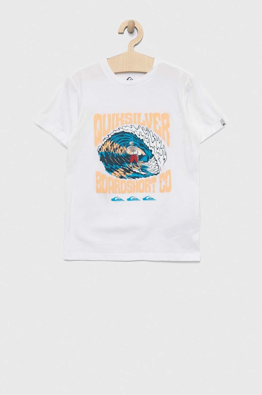 Детская хлопковая футболка Quiksilver цвет белый с принтом Детская хлопковая футболка Quiksilver цвет белый с принтом