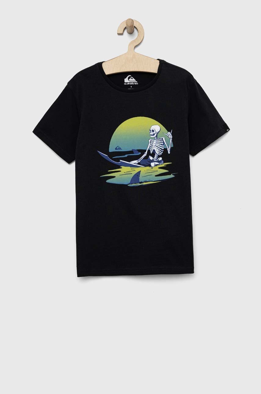 

Дитяча бавовняна футболка Quiksilver колір чорний з принтом