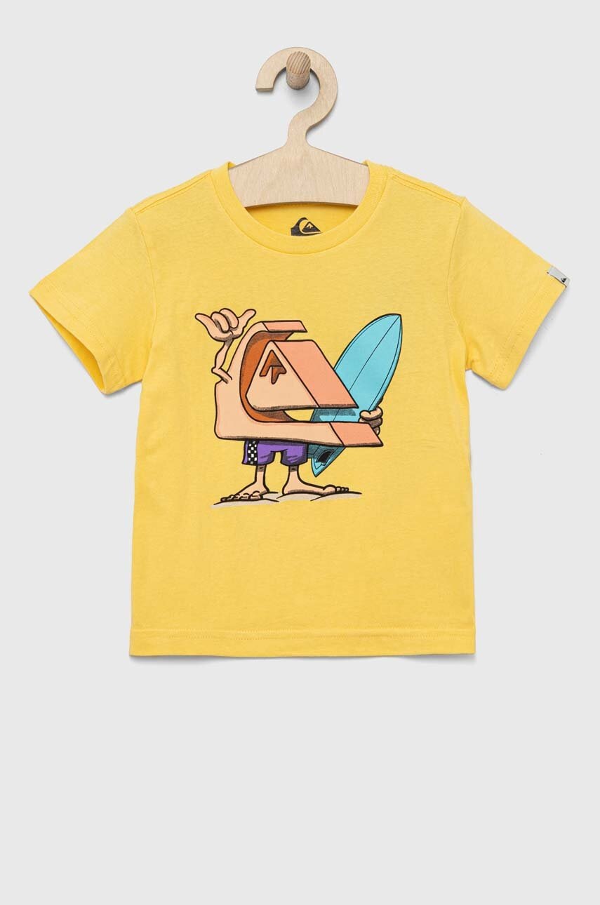 

Детска памучна тениска Quiksilver в жълто с принт, Жълт